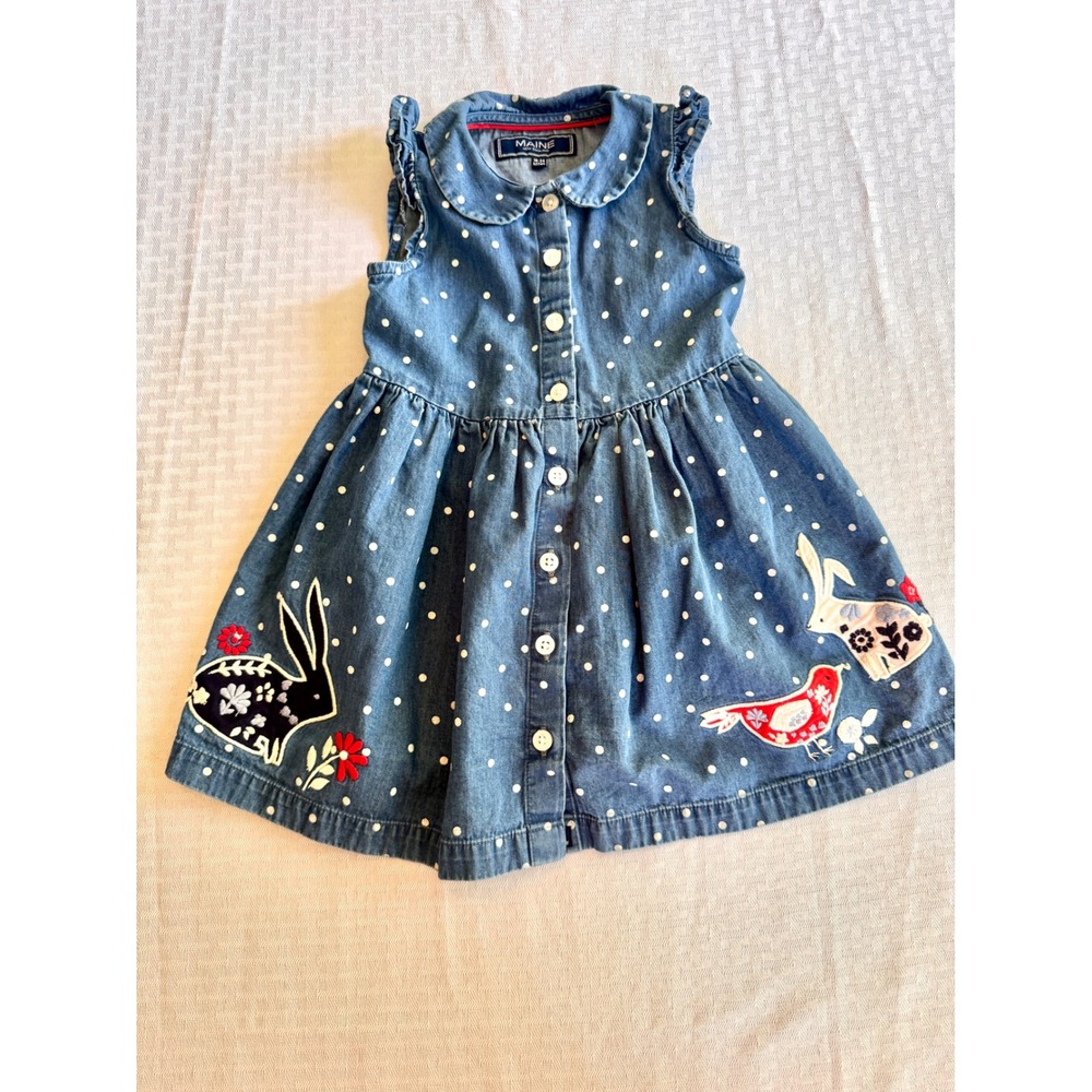 Maine New England Baby Girl Denim Embroidered Polka Dot Dress 18-24 Months Blue